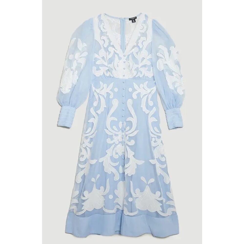 NWT Karen Millen Blue Applique Organza Buttoned Midi Dress Balloon Sleeves 12 - Picture 4 of 8